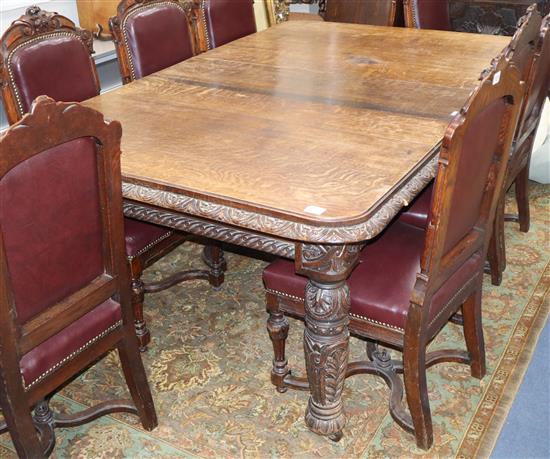 A late Victorian carved oak extending dining table, L.232cm extended (one spare leaf), W.120cm, H.73cm